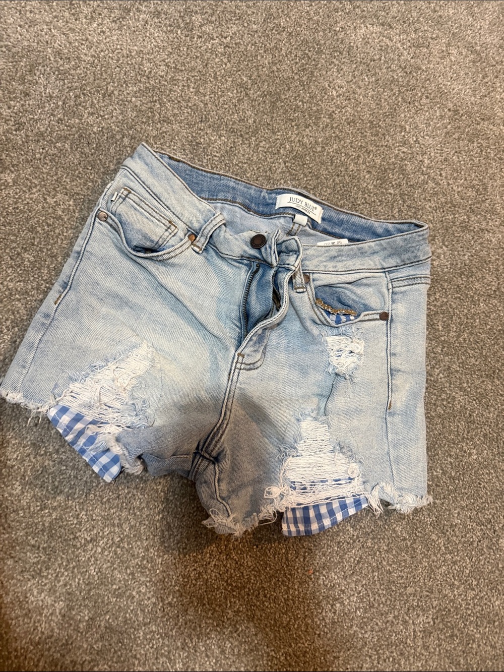 Judy Blue Light Wash Distressed Denim Shorts with Blue Gingham Trim